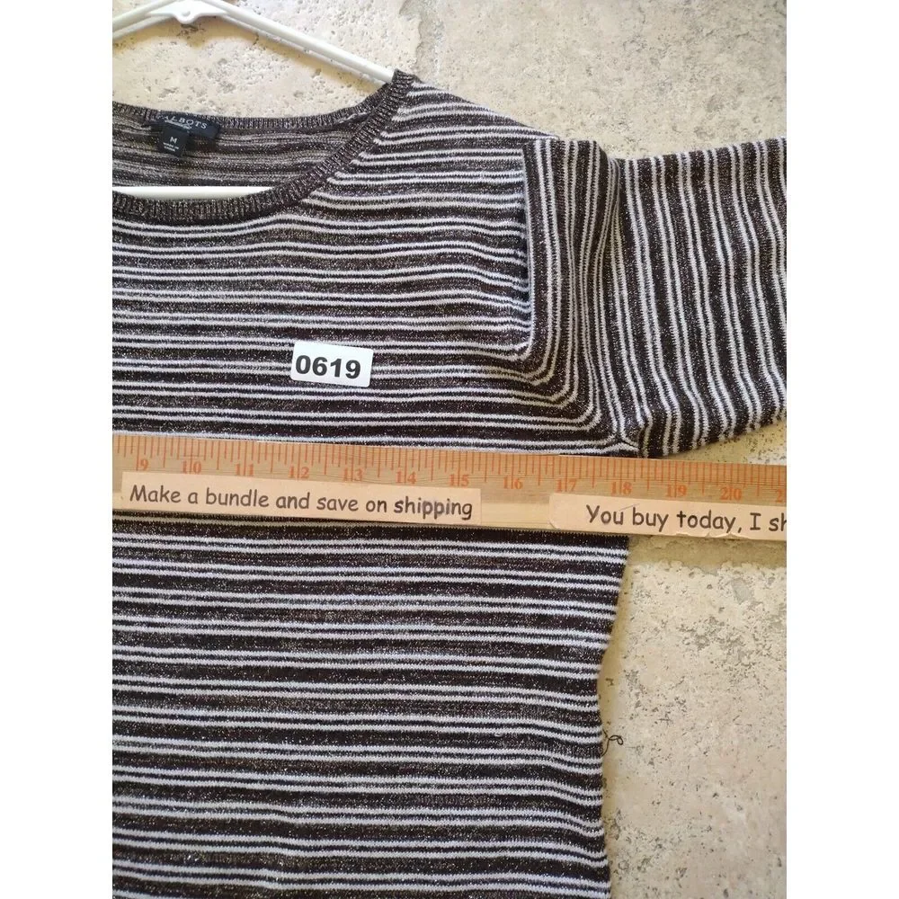 TALBOTS Blouse Woman Medium Gray Metallic Striped Linen Blen 3/4 Sleeves Knit‎